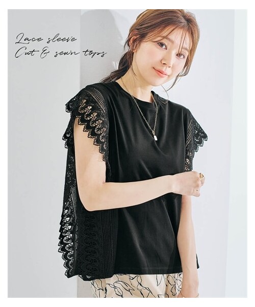nissen（ニッセン）の「袖レースカットソートップス（Tシャツ/カットソー・レディース・オフホワイト/黒・S/M/L/LL）」の3枚目の写真