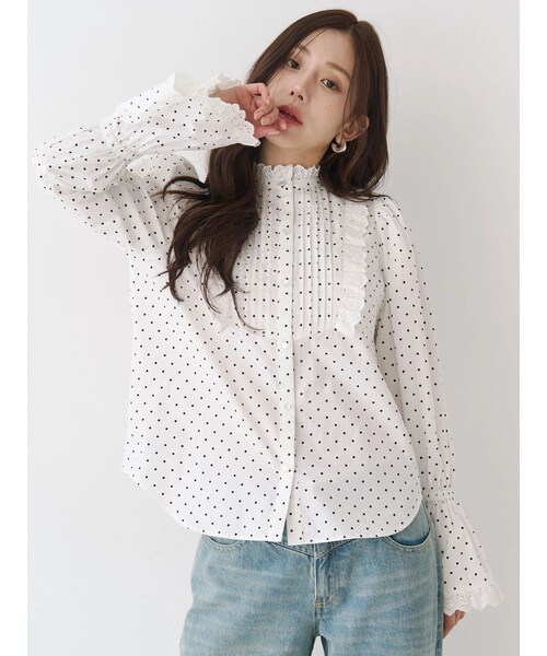 CALNAMUR（カルナムール）の「コットンフリルレースブラウス（シャツ/ブラウス・レディース・ホワイト/ブラック/ミックス・F）」の9枚目の写真