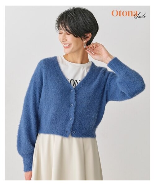 nissen（ニッセン）の「クロップドシャギーニットカーディガン【OtonaSMILE】（カーディガン/ボレロ・レディース・ブルー/ホワイト・M/L/LL/3L/4L/5L/6L）」の2枚目の写真