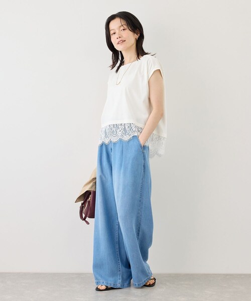 ROPE' PICNIC(ロペピクニック)の「レースドッキングフレンチスリーブトップス/UVカット・接触冷感・汗染み防止(Tシャツ/カットソー・レディース・ブラック/ホワイト/サックス/クリーム・F)」の15枚目の写真
