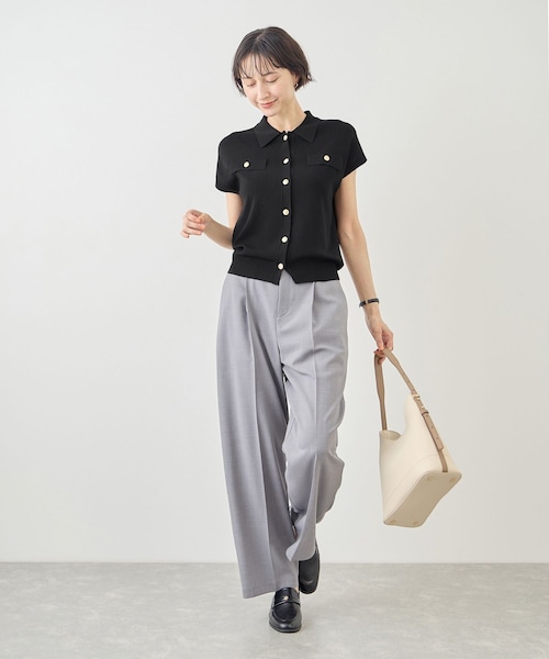 ROPE' PICNIC(ロペピクニック)の「八方映えニット 金ボタンフレンチスリーブポロカラーカーディガン/UVカット・接触冷感・イージーケア(カーディガン/ボレロ・レディース・ブラック/オフホワイト/ブラウン/サックス/ラベンダー・F)」の8枚目の写真
