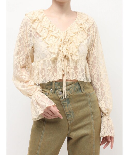 EVRIS（エヴリス）の「フロントリボンレースクロップドシャツ（シャツ/ブラウス・レディース・ブラック/ベージュ・F）」の3枚目の写真
