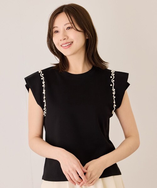Jayro(ジャイロ)の「フレンチスリーブパールポンチカットソー(Tシャツ/カットソー・レディース・ブラック/ホワイト系・F)」の2枚目の写真