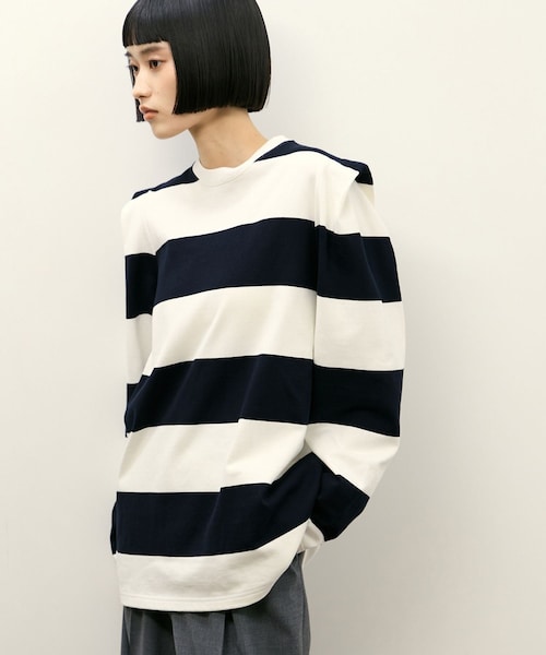 ADAM ET ROPE'(アダムエロペ)の「【PHEENY(フィーニー)】別注 Heavy weight border tucked sleeve(Tシャツ/カットソー・レディース・ネイビー/ワイン系・F)」の1枚目の写真