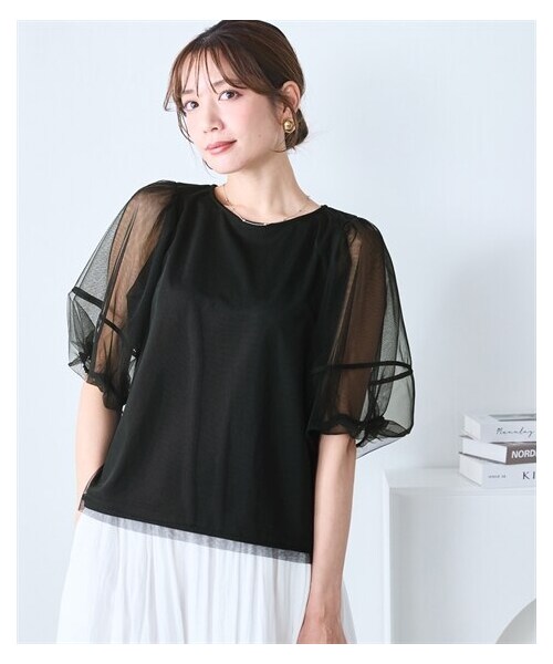 nissen（ニッセン）の「＜大きいサイズ＞シアーコンビカットソープルオーバー（Tシャツ/カットソー・レディース・グレイッシュライム/黒・L/LL/3L/4L/5L/6L/8L/10L）」の11枚目の写真