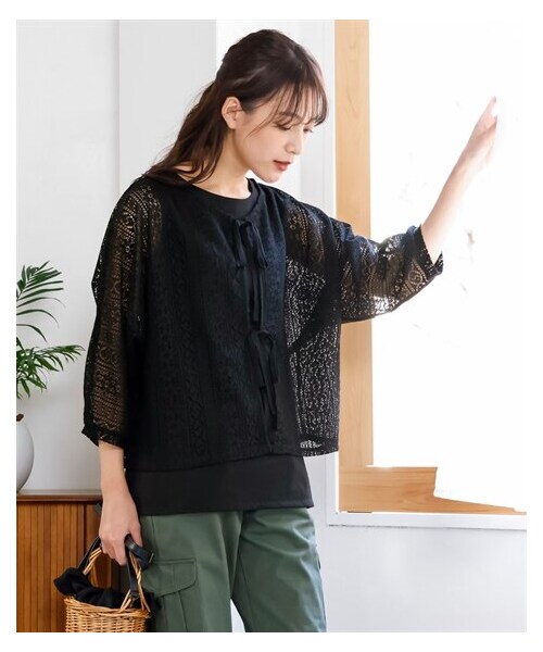 nissen（ニッセン）の「大きいサイズ　２点セット（７分袖レースゆるカーディガン＋タンクトップ）（カーディガン/ボレロ・レディース・オフホワイト/黒/ピーナッツ/ダスティブルー・L/LL/3L/4L/5L/6L/8L/10L）」の2枚目の写真