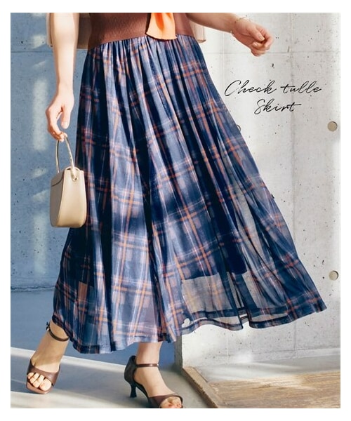 nissen（ニッセン）の「チェック柄チュールスカート（スカート・レディース・ネイビー系チェック柄/黒系チェック柄・S/M/L/LL）」の2枚目の写真