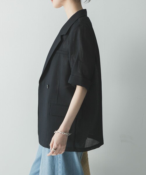 URBAN RESEARCH(アーバンリサーチ)の「シアーメッシュハーフスリーブジャケット(テーラードジャケット・レディース・BEIGE/D.NAVY・Free)」の20枚目の写真
