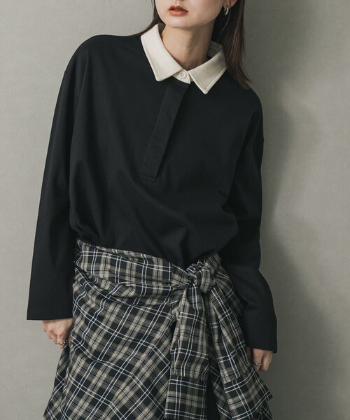 SENSE OF PLACE by URBAN RESEARCH(センスオブプレイスバイアーバンリサーチ)の「ポロシャツルーズカットトップ(ポロシャツ・レディース・BLACK/OATMEAL・one)」の1枚目の写真