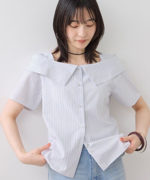 VIS（ビス）の「【夏トク価格】オフショルライクハーフスリーブブラウス/イージーケア（シャツ/ブラウス・レディース・ホワイト系/ダークブラウン系/ブルー系・F）」の4枚目の写真