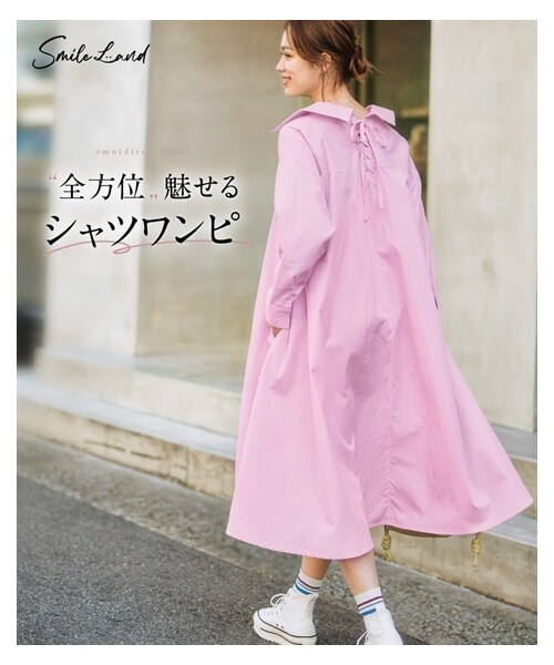 nissen（ニッセン）の「バックレースアップシャツワンピース＜大きいサイズ有＞（ワンピース・レディース・ピンク系ストライプ/ブルー系ストライプ/黒・S/M/L/LL/3L/4L/5L/6L/8L/10L）」の3枚目の写真