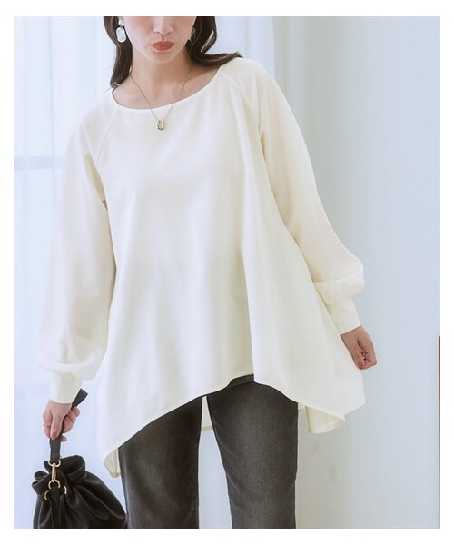 nissen（ニッセン）の「カットジョーゼットラグランスリーブオーバーサイズトップス（Tシャツ/カットソー・レディース・オフホワイト/ダスティブルー/黒・S/M/L/LL/3L/4L/5L/6L）」の7枚目の写真