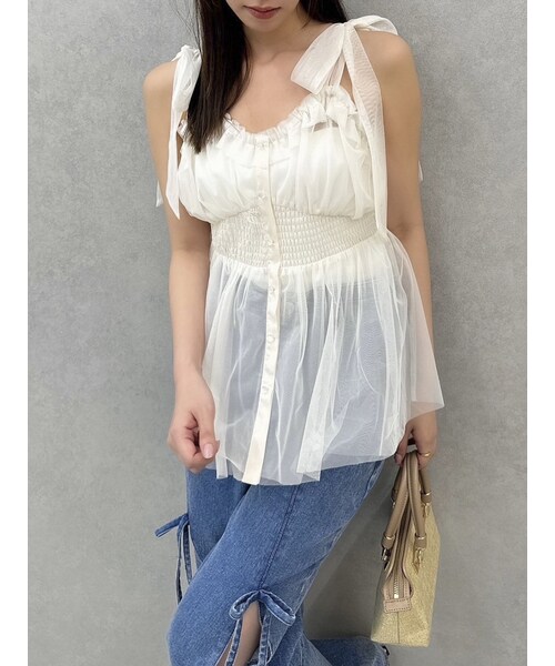 dazzlin（ダズリン）の「ショルダーリボンチュールペプラムビスチェ（キャミソール・レディース・アイボリー/グレー/レッド/グリーン/ネイビー・F）」の20枚目の写真