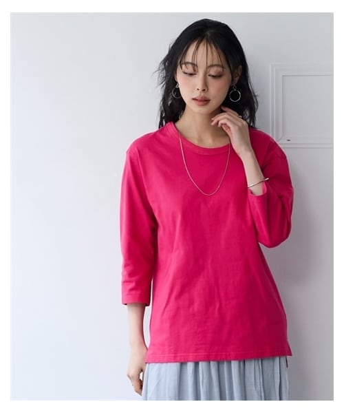 nissen（ニッセン）の「綿１００％汗染みしにくいクルーネック７分袖Ｔシャツ＜大きいサイズ有＞（Tシャツ/カットソー・レディース・黒/ネイビー/オフホワイト/グレイッシュモカ/モスカーキ/ロイヤルグリーン/スモークピンク/アプリコット/ライムイエロー/ダークグリーン/ラズベリー/グレイッシュパープル/ソフトピンク/赤・L/LL/3L/4L/5L/6L/8L/10L/M/S）」の12枚目の写真