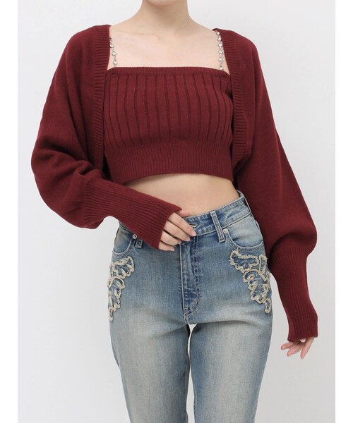 EVRIS（エヴリス）の「ビジューアンサンブルニットトップス（カーディガン/ボレロ・レディース・ブラック/レッド/ブルー・F）」の13枚目の写真