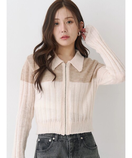 CALNAMUR（カルナムール）の「フロントジップバイカラーニット（ニット/セーター・レディース・ピンク/イエロー/アイスブルー・F）」の3枚目の写真