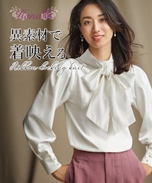 nissen | リボン付異素材使いボリューム袖ニットトップス【Hana服】(ニット/セーター)