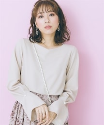 nissen | 大きいサイズ袖口パール調ボタン付きハートネックカットソーmarun(Tシャツ/カットソー)