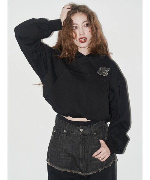 EVRIS（エヴリス）の「デニムワンポイントバルーンショートフーディ【セットアップ着用可能】（パーカー・レディース・グレー/ブラック/ネイビー・F）」の10枚目の写真