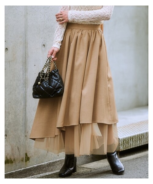 nissen（ニッセン）の「アシンメトリーチュール使いスカート（スカート・レディース・ベージュ杢/黒・S/M/L/LL/3L）」の14枚目の写真
