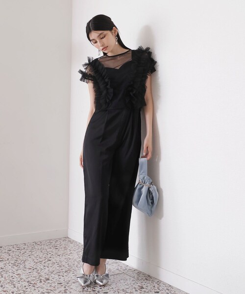 VIS（ビス）の「【新色追加】【VISDRESS】チュールフリルセットオールインワン【低身長向けサイズ有】（つなぎ/オールインワン・レディース・ブラック/ダークブラウン系/ライトグリーン・M/PM）」の2枚目の写真