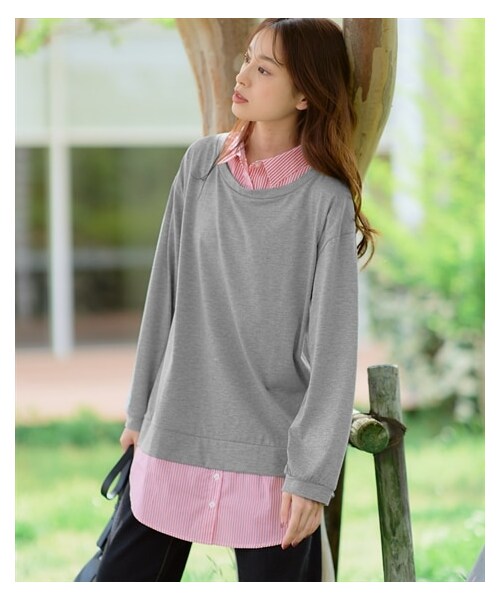 nissen（ニッセン）の「大きいサイズ　綿混衿付重ね着風カットソーチュニック（チュニック・レディース・ローズピンク×グレー系ストライプ/ネイビー×ブルー系ストライプ/黒×黒系ギンガム/グリーン×ベージュ系ギンガム/杢グレー×ピンク系ストライプ/スモーキーブルー×黒系ストライプ/ラズベリー×ベージュ系ギンガム/カーキ×ネイビー系ストライプ・L/LL/3L/4L/5L/6L/8L/10L）」の9枚目の写真