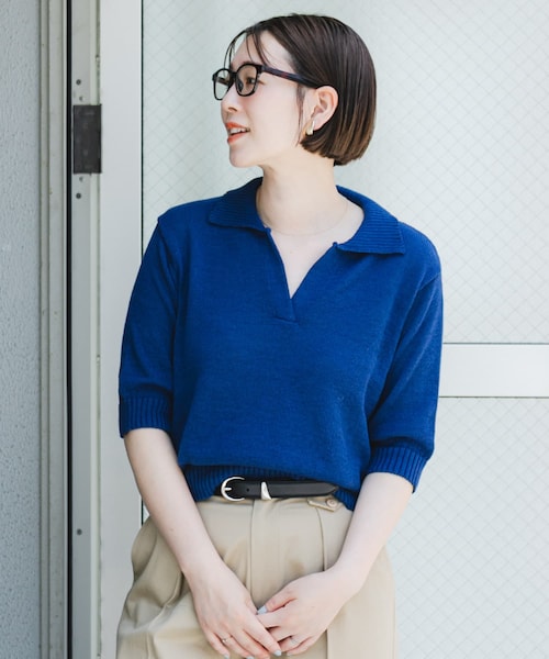 URBAN RESEARCH ROSSO（アーバンリサーチロッソ）の「F by ROSSO　オープンカラーサマーニット（ニット/セーター・レディース・L/BEIGE/BLUE/BORDER・FREE）」の2枚目の写真