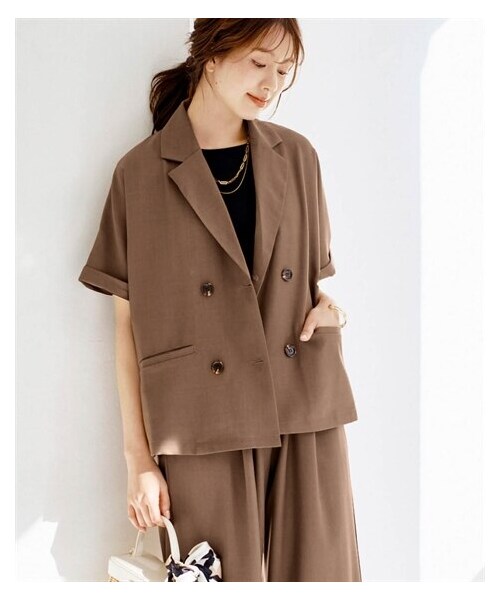 nissen（ニッセン）の「半袖ダブルテーラードジャケット（ジャケット/アウター・レディース・ブラウン/グレイッシュベージュ/黒・S/M/L/LL）」の6枚目の写真