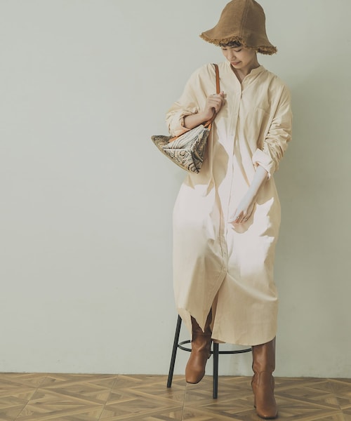 コーデュロイバンドカラーワンピース