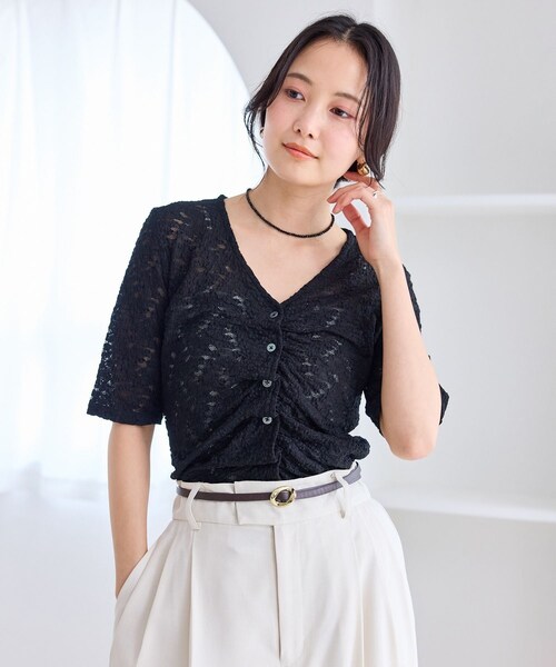 VIS(ビス)の「レース半袖フロントギャザートップス(Tシャツ/カットソー・レディース・ブラック/キナリ・F)」の12枚目の写真
