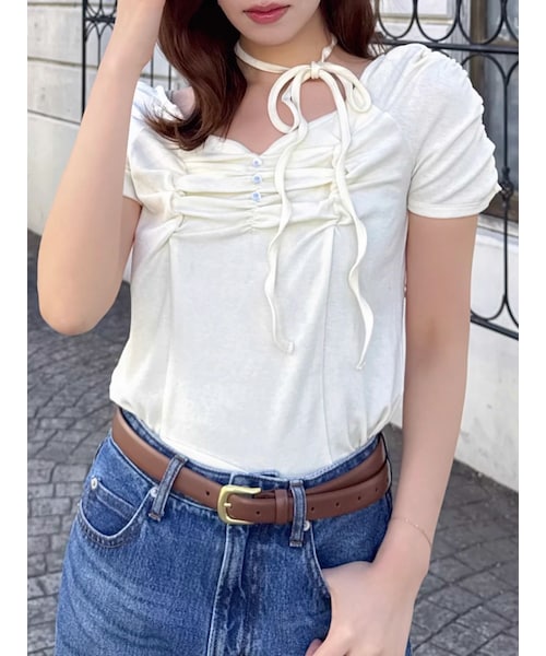 dazzlin（ダズリン）の「タイ付ギャザーカットトップス（Tシャツ/カットソー・レディース・オフホワイト/イエロー/ブルー/ブラウン・F）」の8枚目の写真