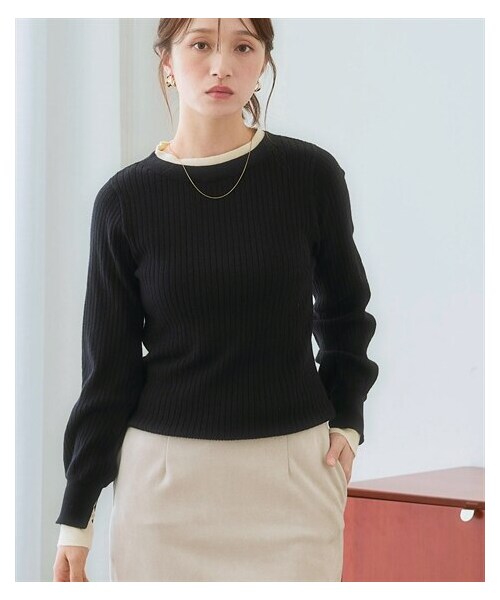 nissen（ニッセン）の「ふんわり袖配色重ね着風ニットトップス＜大きいサイズ有＞（ニット/セーター・レディース・ブルーグリーン×黒/ココア×黒/杢グレー×黒/黒×オフホワイト/ベージュ×オフホワイト・S/M/L/LL/3L/4L/5L/6L）」の8枚目の写真