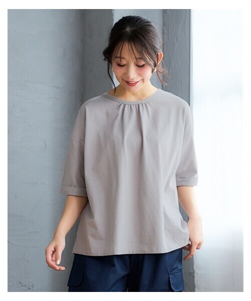 nissen（ニッセン）の「＜大きいサイズ＞綿100％ドビーバック切替トップス（Tシャツ/カットソー・レディース・黒/グレー/ピンク・L/LL/3L/4L/5L/6L/8L/10L）」の16枚目の写真