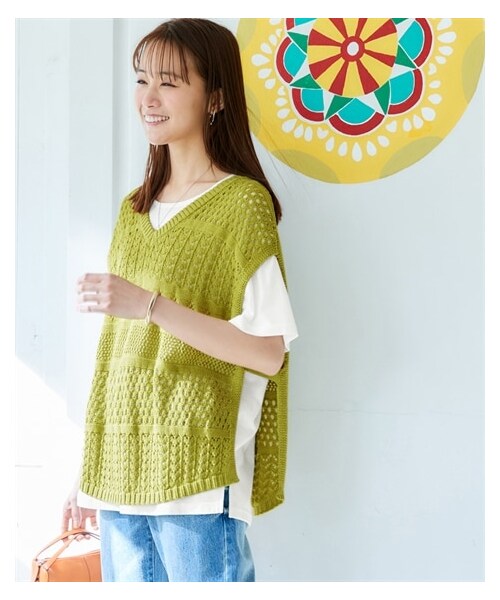 nissen（ニッセン）の「2点セット（透かし編みベスト＋Tシャツ）＜大きいサイズ有＞（ニット/セーター・レディース・黒/アイボリー/サックス/グリーン・S/M/L/LL/3L/4L/5L/6L）」の17枚目の写真