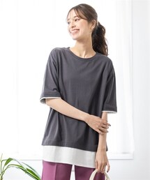 nissen | 大きいサイズ綿100％５分袖汗染みしにくいフェイクレイヤードオーバーサイズＴシャツ（薄手素材）(チュニック)