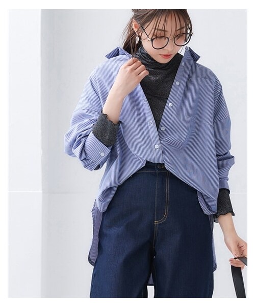 nissen（ニッセン）の「ドロップショルダーオーバーサイズシャツ（UVカット）（シャツ/ブラウス・レディース・オフホワイト/ブルー系ストライプ・S/M/L/LL）」の4枚目の写真