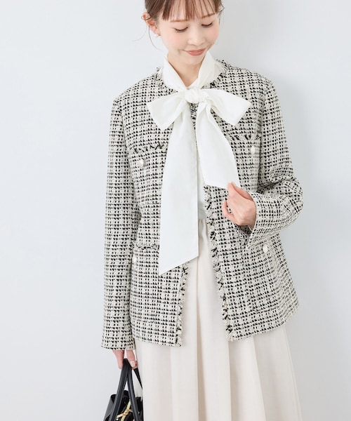 ROPE' PICNIC（ロペピクニック）の「セレモニー・通勤対応/ツイードジャケット/リンクコーデ（ノーカラージャケット・レディース・ブラック系/ライトグレー/オフホワイト/ネイビー・36/38）」の3枚目の写真