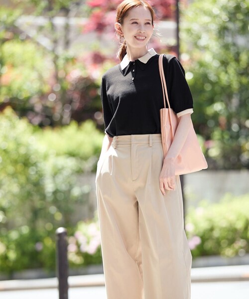 ROPE' PICNIC(ロペピクニック)の「【新色追加】バイカラーレイヤード風ニットポロシャツ(ポロシャツ・レディース・ブラック系/ホワイト系/ブラウン系/ダークグリーン/サックス・38)」の7枚目の写真