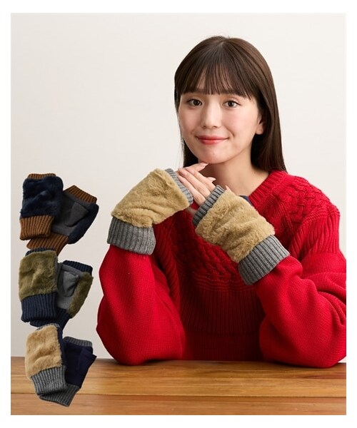 nissen（ニッセン）の「ファー×フリースバイカラーハンドウォーマー（手袋・メンズ・ネイビー系/カーキ系/ベージュ系・Y）」の3枚目の写真