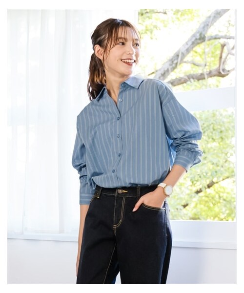 nissen（ニッセン）の「大きいサイズゆるシルエットストライプシャツ（シャツ/ブラウス・レディース・ピンク系/グレイッシュブルー系/サックス系/オフホワイト系/黒系・L~LL相当/3L~4L相当/5L~6L相当/8L相当/10L相当）」の14枚目の写真