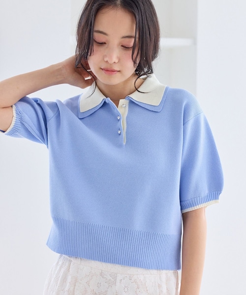 VIS(ビス)の「ダブルカラー半袖ポロニットトップス/WEB限定カラー(ポロシャツ・レディース・チャコール/グレー/キャメル/ベージュ/サックス/ネイビー系・F)」の1枚目の写真
