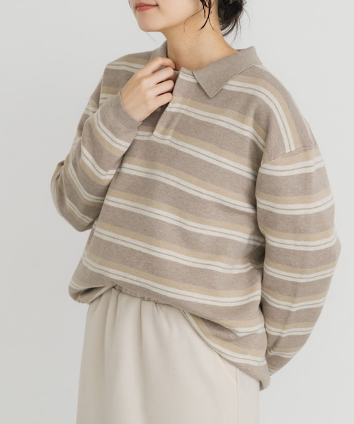 EKAL（エカル）の「ジャガードボーダーポロニット（ニット/セーター・レディース・ベージュ/ブラック/ブラウン・One）」の3枚目の写真