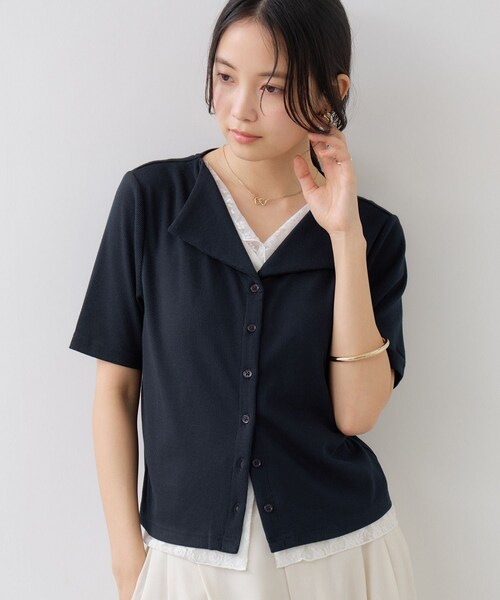 VIS(ビス)の「ドット&無地 レースドッキングレイヤード風リブカットソー(Tシャツ/カットソー・レディース・オフホワイト/ネイビー/サックス・F)」の18枚目の写真