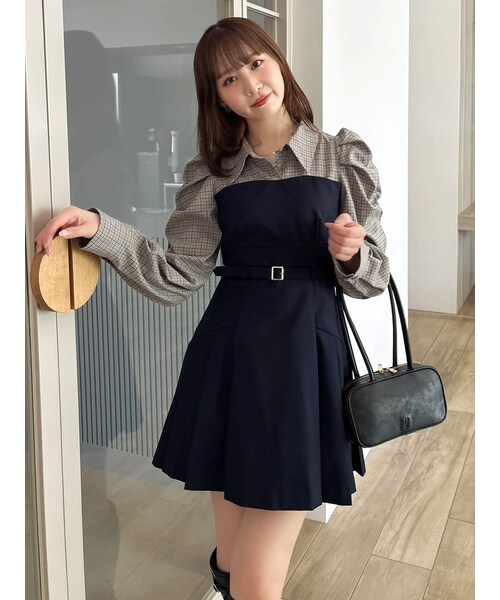 dazzlin ダズリン レイヤードシャツミニワンピース ネイビー Mサイズ セール】レイヤードシャツミニワンピース（ワンピース