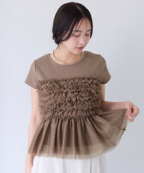 VIS（ビス）の「【夏トク価格】チュールフリルドッキングフレンチスリーブ/UVケア（Tシャツ/カットソー・レディース・チャコール/オフホワイト/ブラウン系・F）」の18枚目の写真