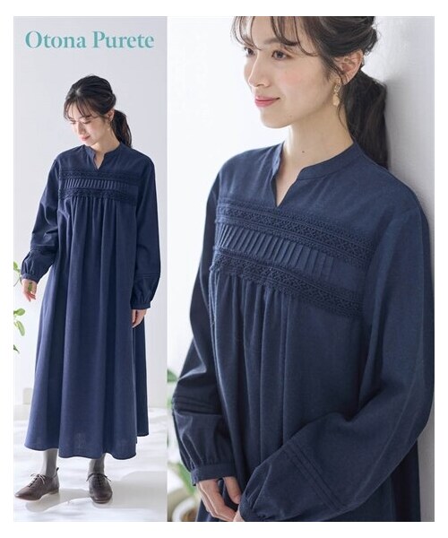 nissen（ニッセン）の「レースピンタックワンピース【Otona Purete】（ワンピース・レディース・ネイビー/グレー・M/L/LL/3L/4L/5L/6L）」の2枚目の写真