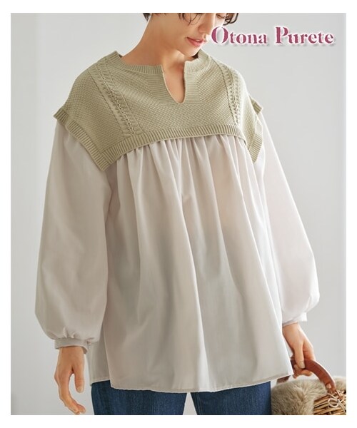 nissen（ニッセン）の「ニット切替異素材使いチュニックブラウス【Otona Purete】（シャツ/ブラウス・レディース・杢グレー×オフホワイト/グリーン×ライトグレージュ・M/L/LL/3L）」の2枚目の写真