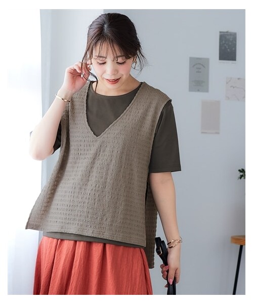 nissen（ニッセン）の「2点セット（ポコポコ素材ベスト＋Tシャツ）＜大きいサイズ有＞（ベスト・レディース・ピスタチオ+オフホワイト/グレー+チャコールグレー/黒+杢グレー・S/M/L/LL/3L）」の19枚目の写真