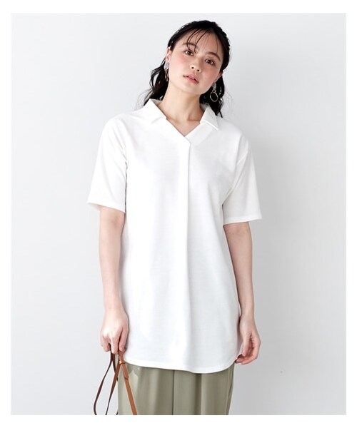 nissen（ニッセン）の「吸汗速乾・ＵＶカットカノコゆるシルエット５分袖ポロチュニック＜大きいサイズ有＞（チュニック・レディース・黒/オフホワイト/ネイビー/杢グレー/マホガニーブラウン/カージナルレッド/フォレストグリーン/ピンク/ブルー/セージグリーン/ターコイズグリーン/ラベンダー/アッシュカーキ・L/LL/3L/4L/5L/6L/8L/10L/S/M）」の8枚目の写真