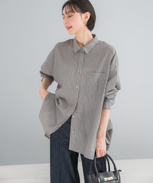 URBAN RESEARCH ROSSO（アーバンリサーチロッソ）の「『WEB/一部店舗限定』『UR TECH Smart Linen Touch』イージーリネンオーバーシャツ（シャツ/ブラウス・レディース・LIGHT PINK/BRN STRIPE/NAVY・Free）」の8枚目の写真